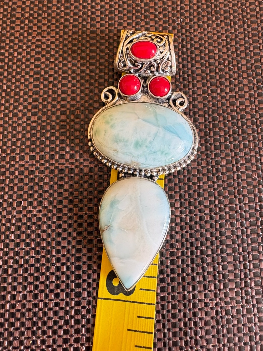 New! 925 Sterling Silver Overlay Larimar & Red Coral Multi Gemstone Pendant - Picture 9 of 15